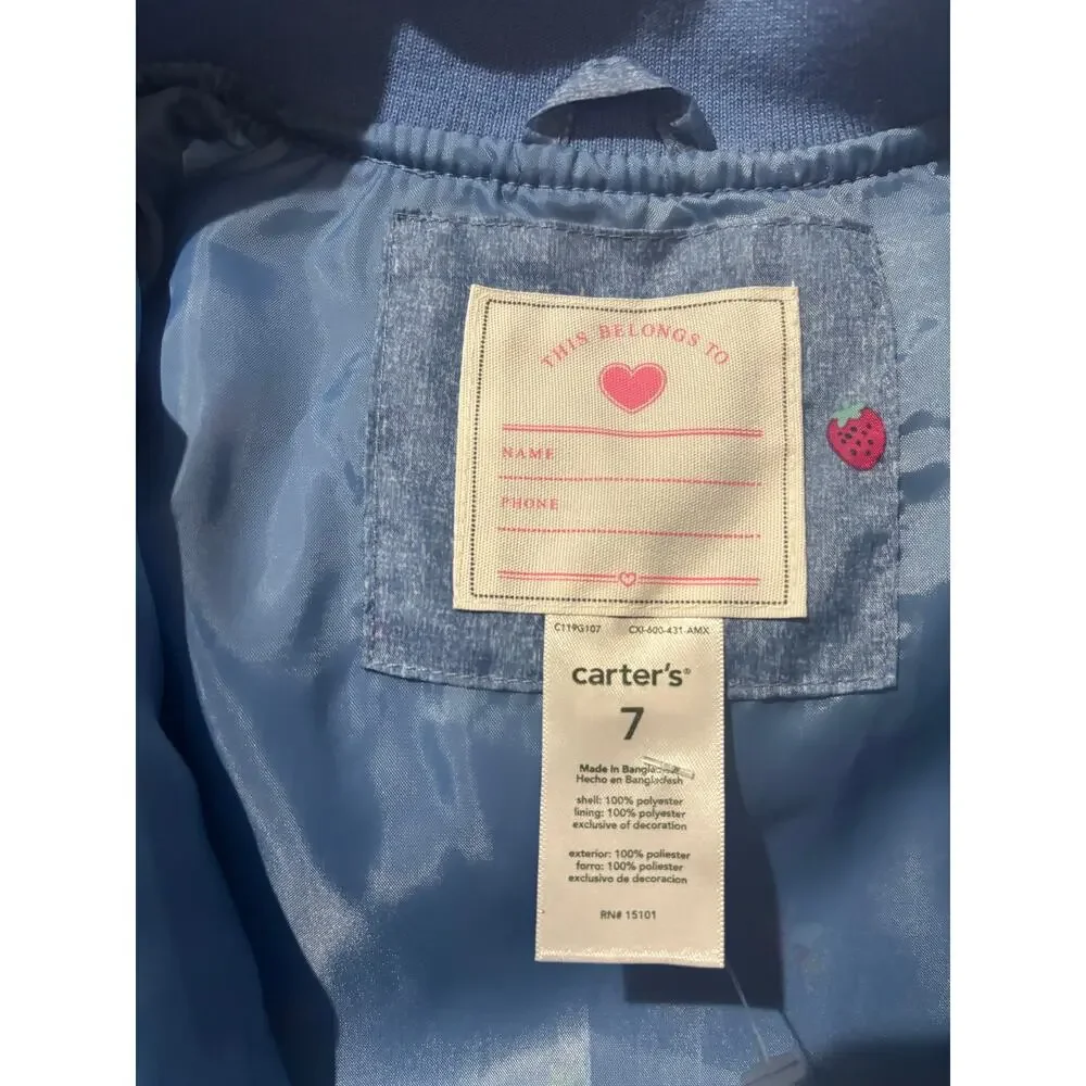 Carter’s 7 blue denim look windbreaker ruffed printed hearts rainbow nwt